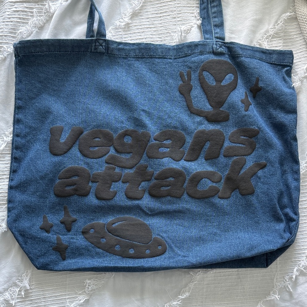 Blue Denim Tote with 'vegans attack' Alien Graphic